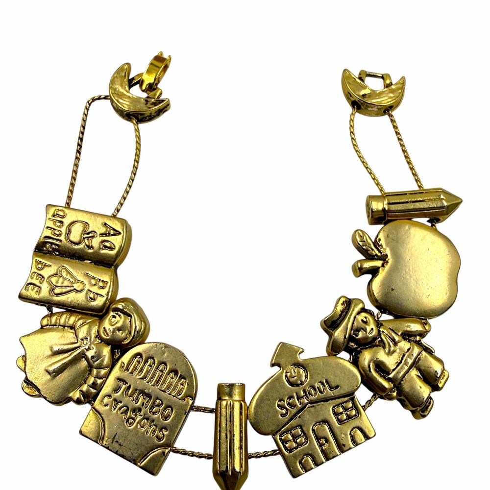 VTG Signed B & A Gold Tone School Teacher Slide Charm Bracelet Novelty Apple 90s
